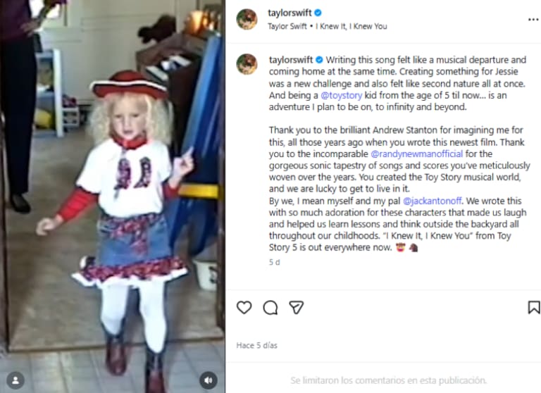 El posteo de Taylor Swift para anunciar su colaboración con Toy Story 5 (Foto: Instagram @taylorswift)