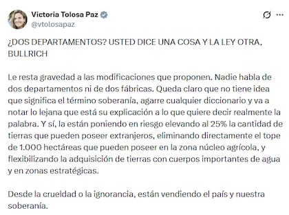 El posteo de Tolosa Paz al que aludió Bullrich