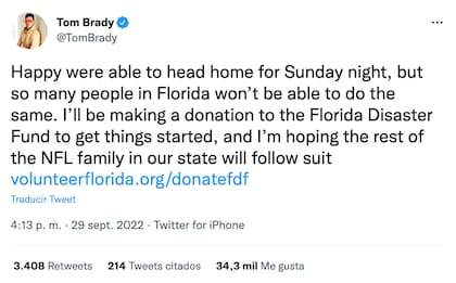 El posteo de Tom Brady para pedir donaciones por el huracán Ian en Florida