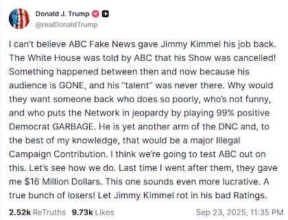 El posteo de Trump contra Jimmy Kimmel en Truth Social