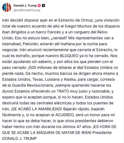 El posteo de Trump en Truth social.