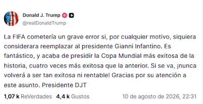 El posteo de Trump sobre Infantino