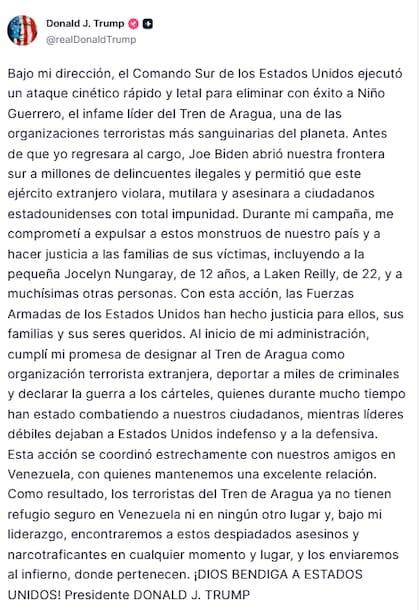 El posteo de Trump sobre el bombardeo