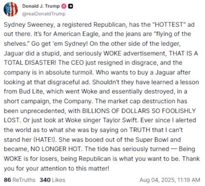 El posteo de Trump sobre Sydney Sweeney