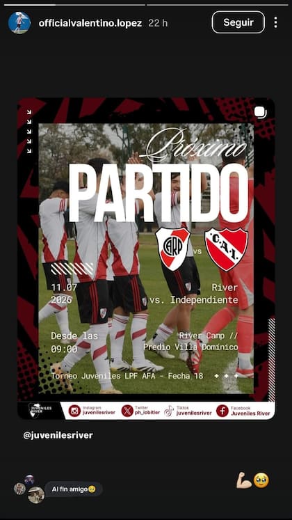 El posteo de Valentino López en su cuenta de Instagram