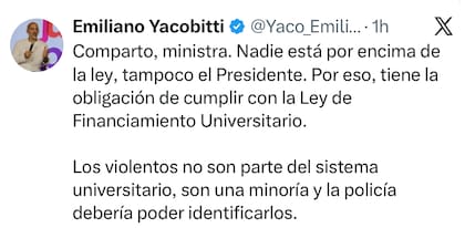 El posteo de Yacobitti en las redes sociales, en respuesta a Monteoliva