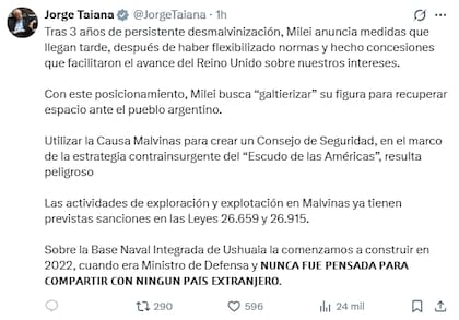 El posteo del excanciller Taiana