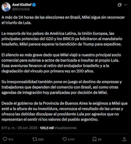 El posteo del gobernador bonaerense