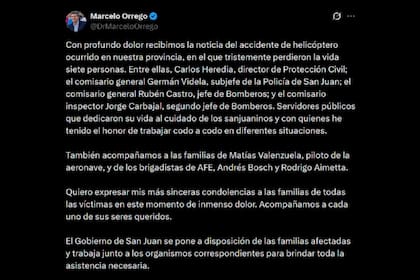El posteo del gobernador de San Juan, Marcelo Orrego, quien confirmó la muerte de los siete ocupantes de la aeronave