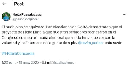 El posteo del gobernador Hugo Passalacqua, sus primeros comentarios sobre Ficha Limpia.
