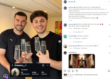 El posteo del influencer argentino para festejar que Tim Payne alcanzó los 5 millones de seguidores en Instagram