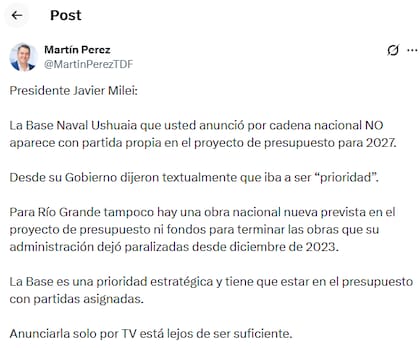El posteo del intendente fueguino en X