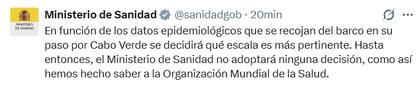 El posteo del Ministerio de Sanidad de España