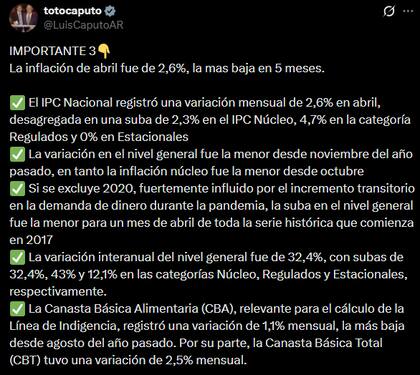 El posteo del ministro de Economía, Luis Caputo, sobre el índice de precios de abril
