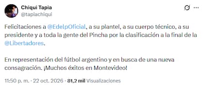 El posteo del presidente de la AFA luego de la clasificación del Pincha