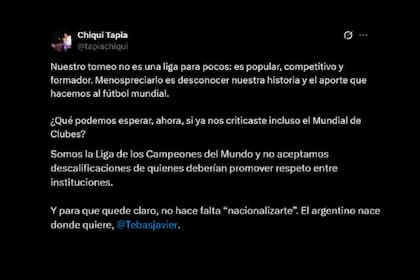 El posteo del presidente de la Asociación del Fútbol Argentino (AFA), Claudio "Chiqui" Tapia, contra su par español Javier Tevas