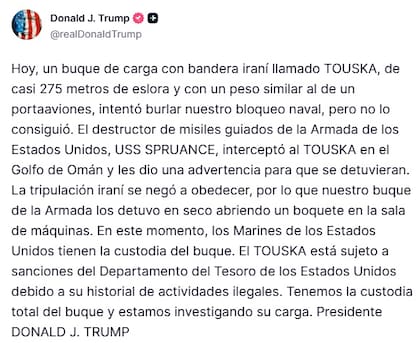 El posteo del presidente estadounidense Donald Trump sobre la intercepción de un carguero iraní