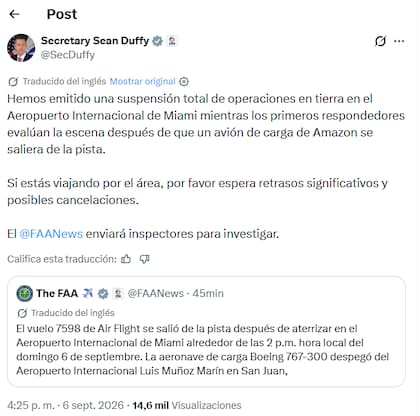 El posteo del secretario de transporte de Estados Unidos en X