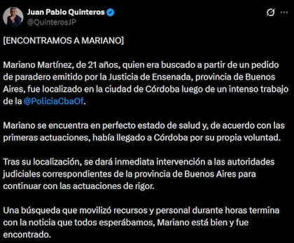 El posteo donde el ministro de Seguridad de Córdoba, Juan Pablo Quinteros, confirmó la noticia de la aparición de Mariano Martínez