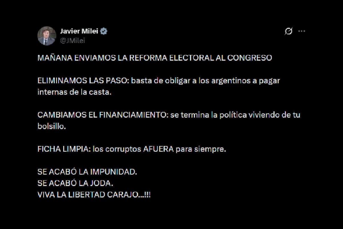 El posteo en el que el presidente Javier Milei anunció que enviará el miércoles al Congreso el proyecto de reforma electoral