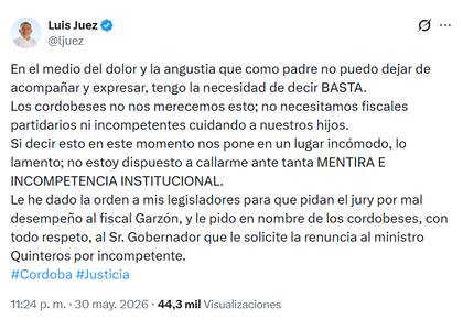 El posteo en el que Juez interpeló al ministro Quinteros