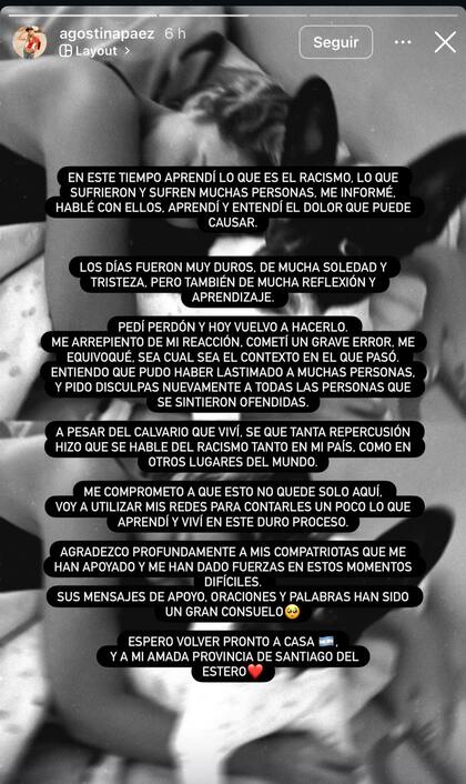 El posteo en Instagram de Agostina Páez