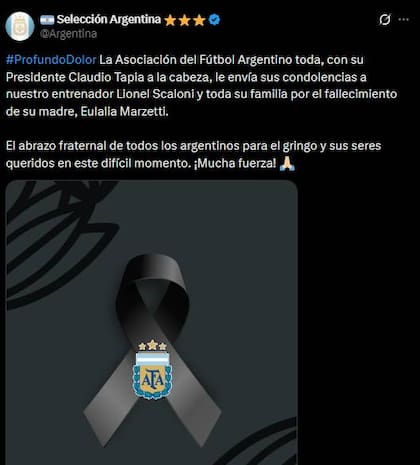 El posteo oficial de la cuenta de la selección argentina para acompañar a Lionel Scaloni tras la muerte de su madre.