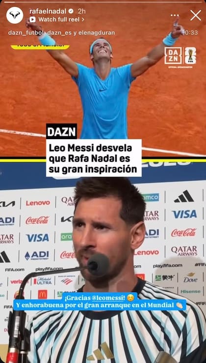 El posteo que hizo Nadal para agradecerle a Messi sus palabras sobre el documental recién estrenado en la plataforma Netflix