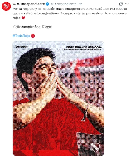 El posteo que Independiente le dedicó a Maradona (Foto: X @Independiente)