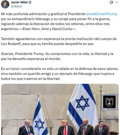 El posteo que Javier Milei le dedicó a Donald Trump tras la liberación de rehenes en Israel