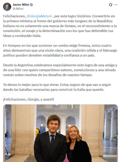 El posteo que Milei le dedicó a Meloni