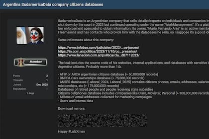 El posteo que publica la filtración con todas las bases de datos de ciudadanos argentinos