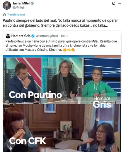 El posteo que realizó Milei refiriéndose a Ian Moche