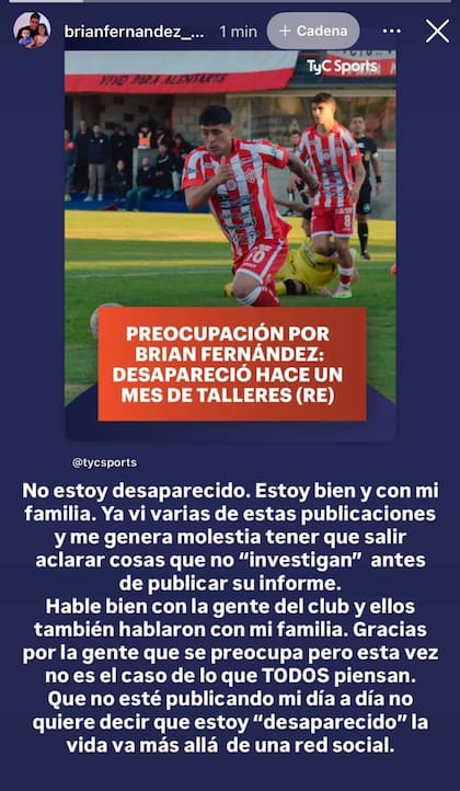 El posteo que subió Brian Fernández a sus redes sociales luego de su larga ausencia