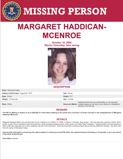 El póster que difundió el FBI tras la desaparición de Margaret Haddican-McEnroe en 2006