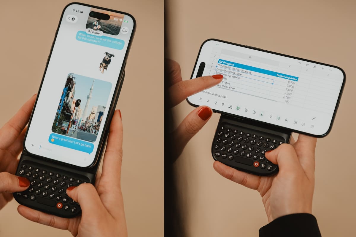 El Power Keyboard de Clicks es un teclado Bluetooth Magnético que se engancha a un smartphone para usarlo tipo BlackBerry mientras recarga la batería; se puede cambiar la orientación de la pantalla a voluntad