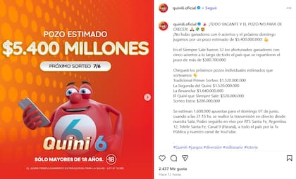 El pozo del Quini 6 quedó vacante