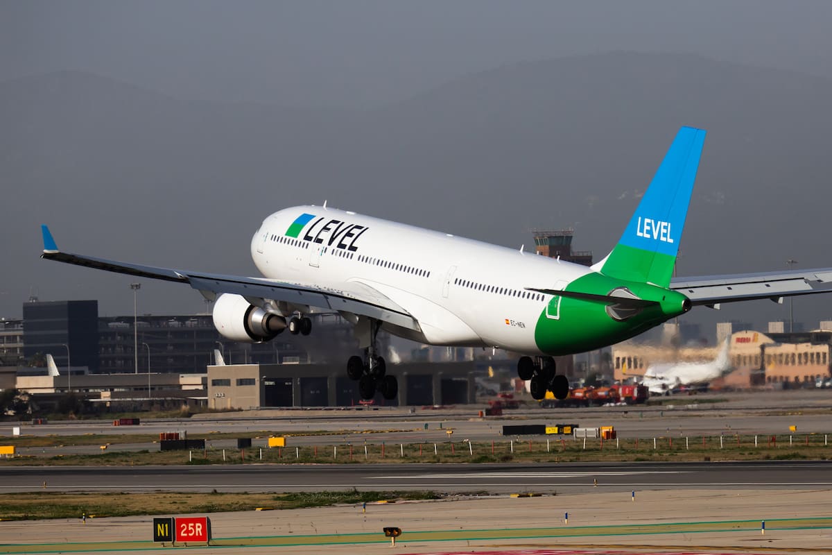 EL PRAT DE LLOBREGAT, SPAIN - JANUARY 24, 2020: EC-NEN Airbus A330-202 Level (Iberia) landing in Barcelona-El Prat Airport, flying over runway