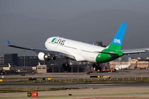 EL PRAT DE LLOBREGAT, SPAIN - JANUARY 24, 2020: EC-NEN Airbus A330-202 Level (Iberia) landing in Barcelona-El Prat Airport, flying over runway