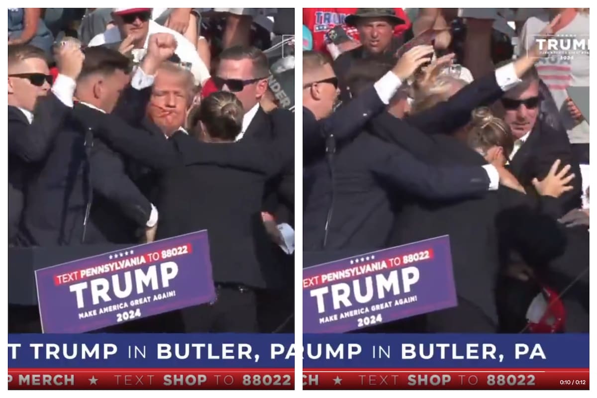 El precandidato presidencial republicano, Donald Trump, es cubierto por el Servicio Secreto tras los disparos escuchados en el acto en Pensilvania. Aparentemente fue alcanzado por uno de los disparos en una oreja, pero está a salvo (captura de video)