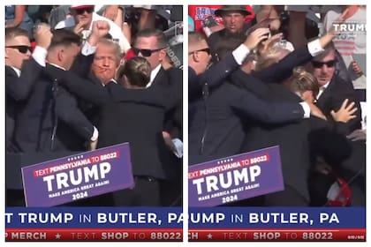 El precandidato presidencial republicano, Donald Trump, es cubierto por el Servicio Secreto tras los disparos escuchados en el acto en Pensilvania. Aparentemente fue alcanzado por uno de los disparos en una oreja, pero está a salvo (captura de video)