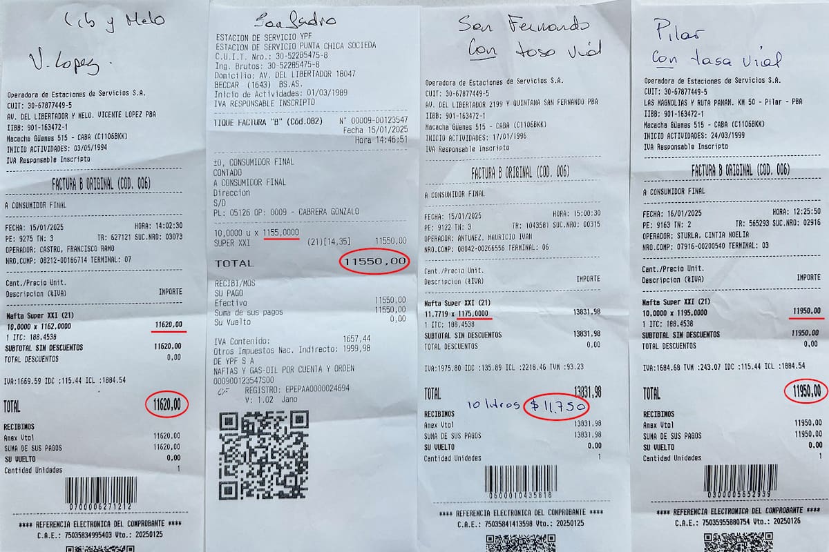 El precio de la carga de diez litros en cuatro puntos diferentes del corredor norte de la provincia de Buenos Aires