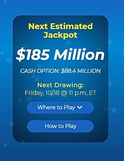 El premio mayor de Mega Millions para este viernes se estima en US$185 millones
