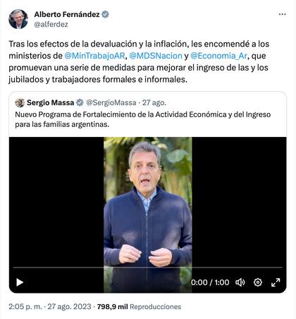 El presidente Alberto Fernández al retuitear los "videítos" con los anuncios de Massa