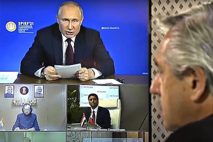 El presidente Alberto Fernández en teleconferencia con el presidente ruso Vladimir Putin y otros mandatarios