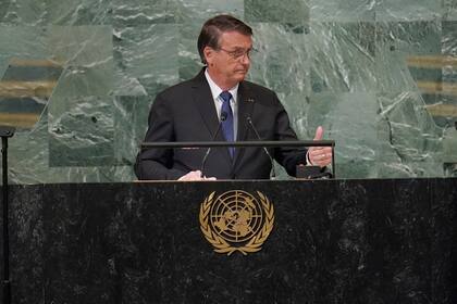 El presidente brasileño Jair Bolsonaro durante el discurso inaugural de la 77ma Asamblea General de la ONU en Nueva York el 21 de septiembre del 2022. (AP Photo/Mary Altaffer)