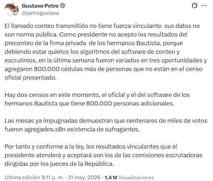 El presidente colombiano, Gustavo Petro, denunció que no acepta los resultados del preconteo de la primera vuelta electoral (Foto: Captura X/@petrogustavo)