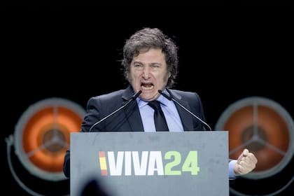 El presidente de Argentina, Javier Milei, durante el acto 'Viva 24' de VOX, en el Palacio de Vistalegre, a 19 de mayo de 2024, en Madrid (España)