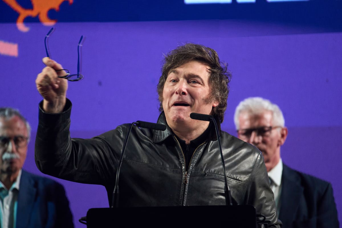 El presidente de Argentina, Javier Milei, en su discurso al cierre de campaña de Manuel Adorni, candidato a las elecciones para la legislatura de la ciudad de Buenos Aires, en Buenos Aires, Argentina, el miércoles 14 de mayo de 2025. (AP Foto/Rodrigo Abd)