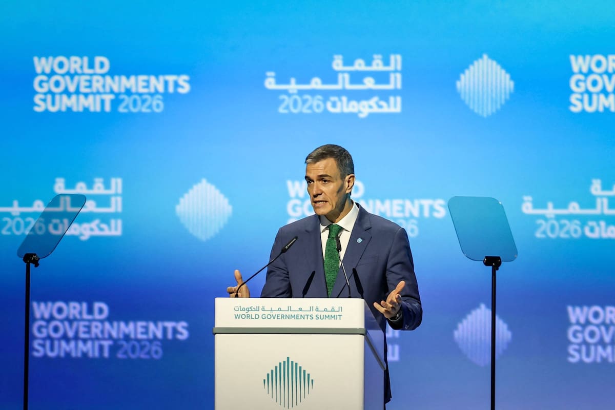 El presidente de España, Pedro Sánchez, durante su exposición en Dubai